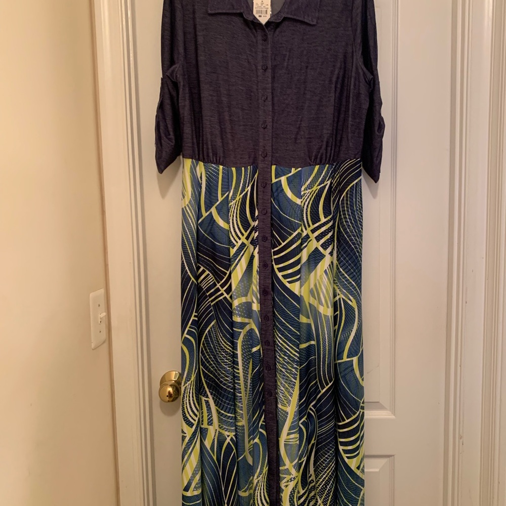 Denim top, multicolor skirt maxi dress